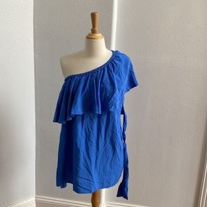 Blue One-Shoulder Ruffle Blouse